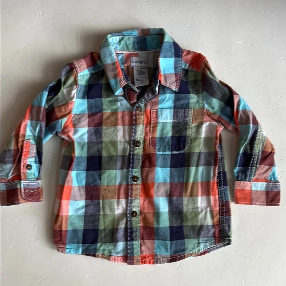 Carter's Colorful Blue,Orange & Green Plaid Button-Down Boys Shirt Size 12 Mo